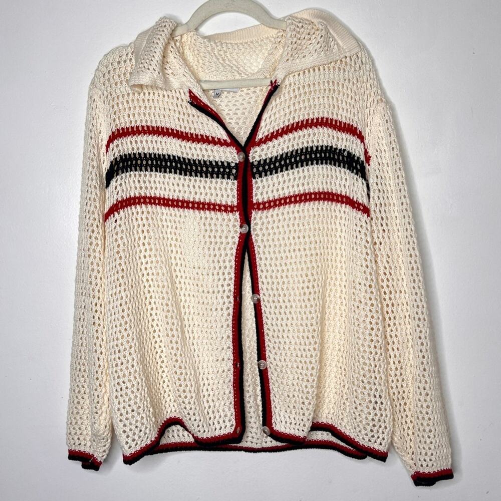 Grey Bandit Elegant Cream Cardigan with Red and Black Accents Size M - Picture 3 of 6